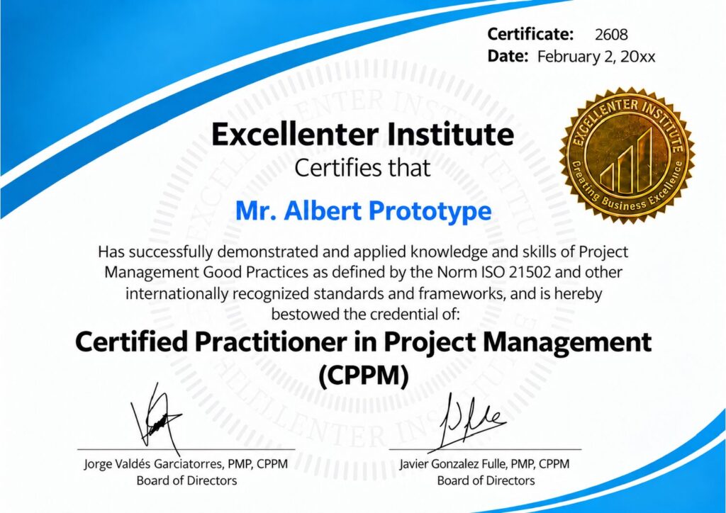 Sample Certified Practitioner in Project Management certificate issued by the Excellenter Institute
